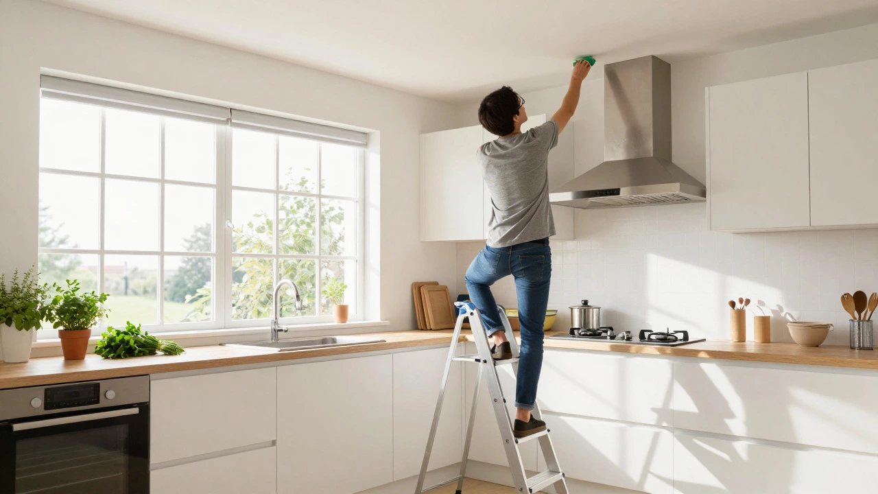 Person safely cleaning a range hood on a ladder in a bright kitchen.