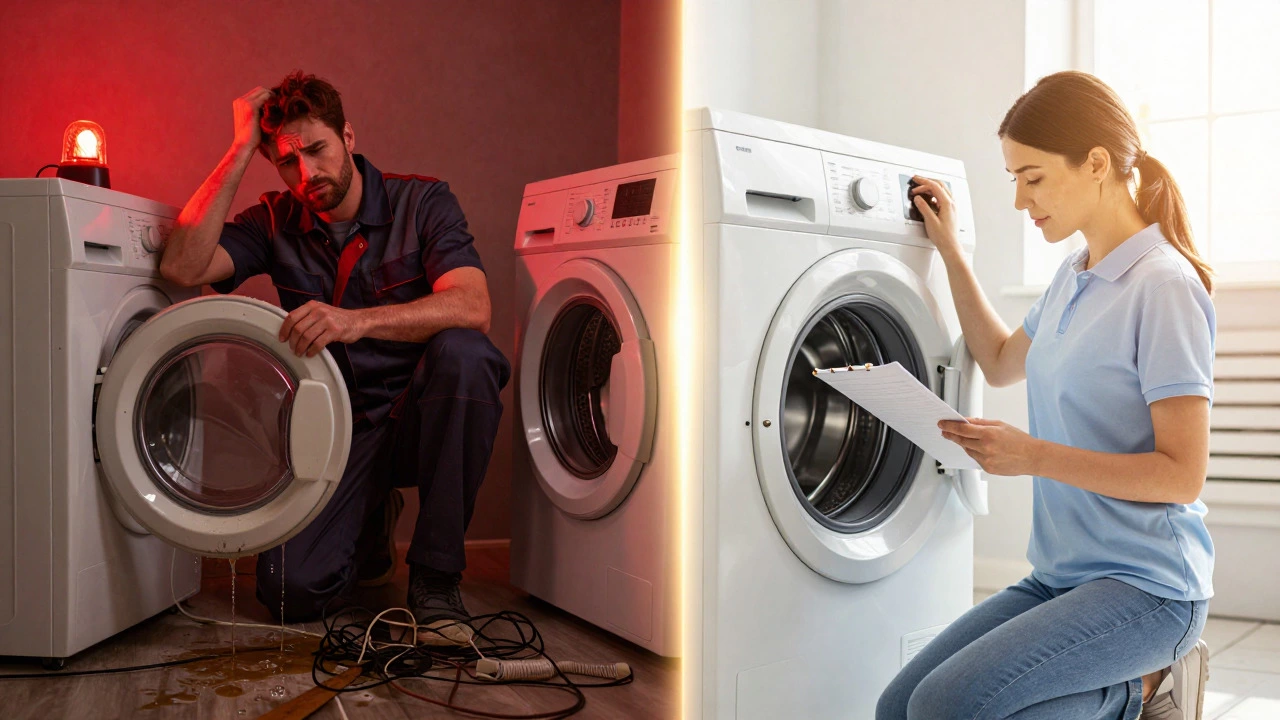 Split image comparing a broken appliance repair with a clean preventive check