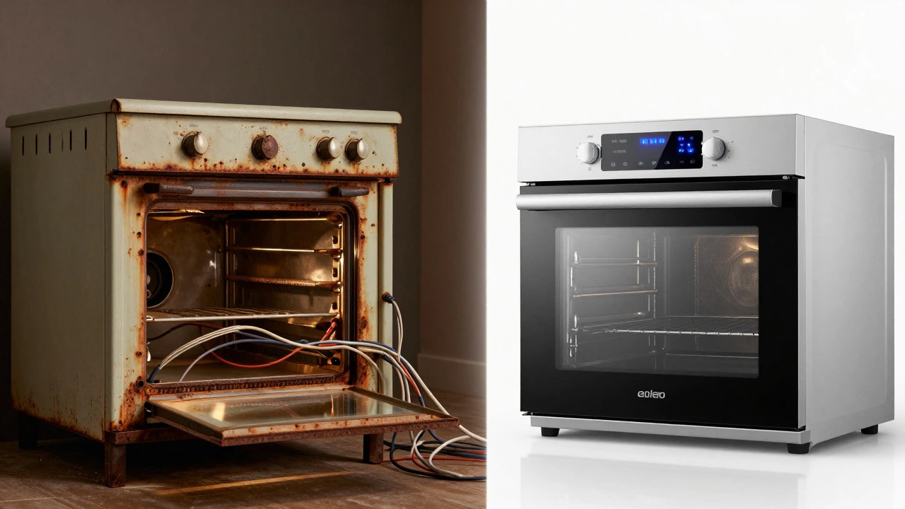 Split image comparing a worn old oven with exposed wires against a sleek modern smart oven