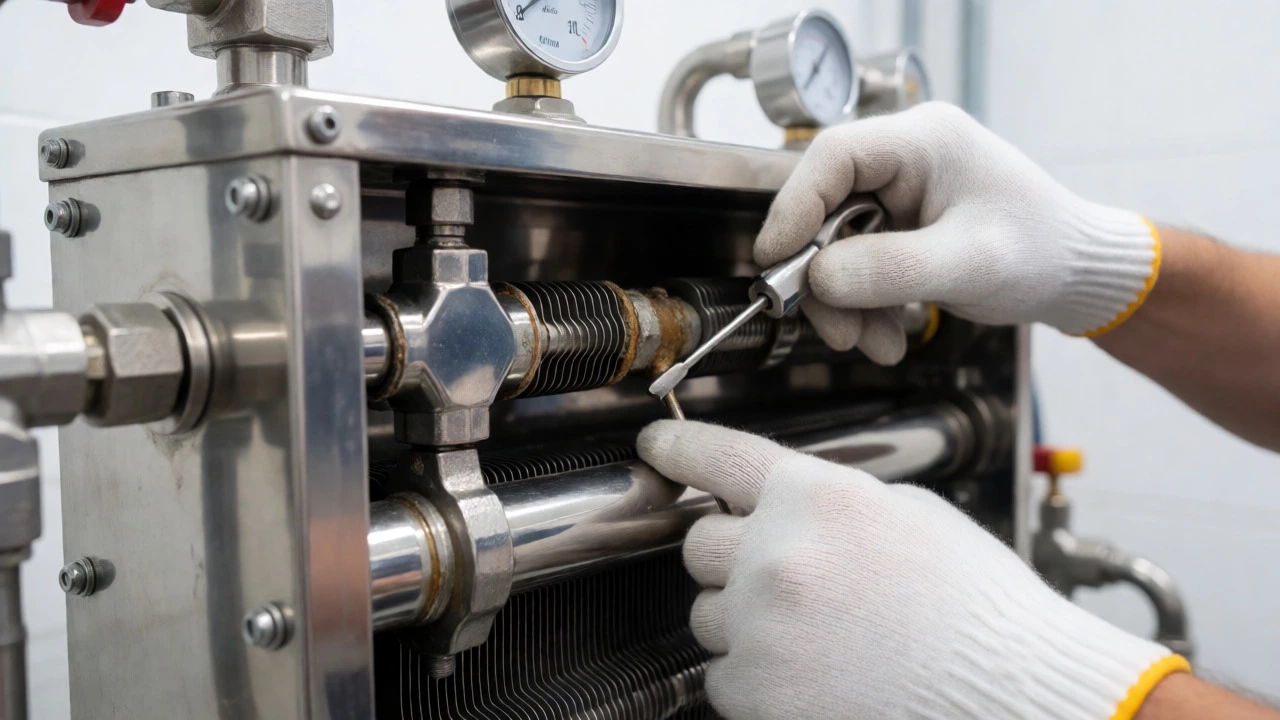 Technician servicing a stainless steel heat exchanger