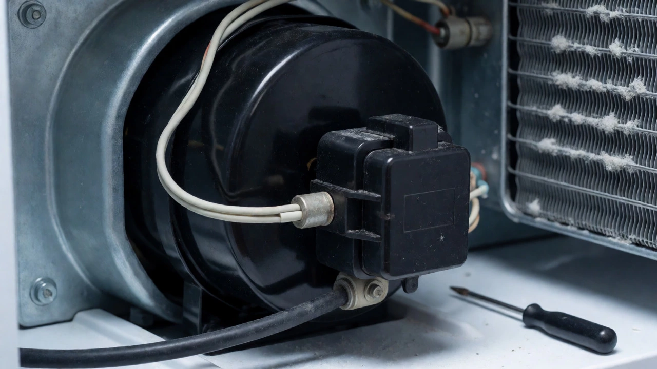 Close-up of freezer compressor and dusty coils at back