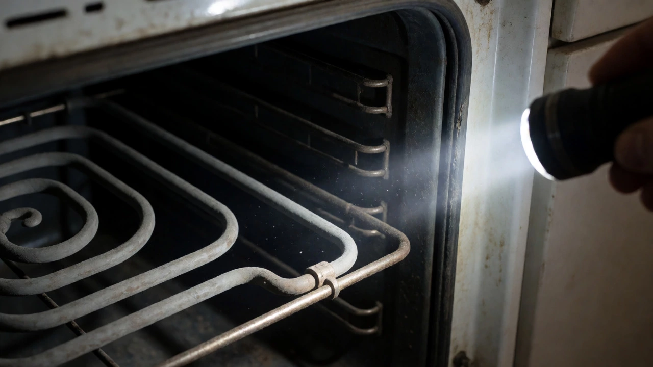 Close-up of worn heating coils and cracked door seals inside an aging oven.