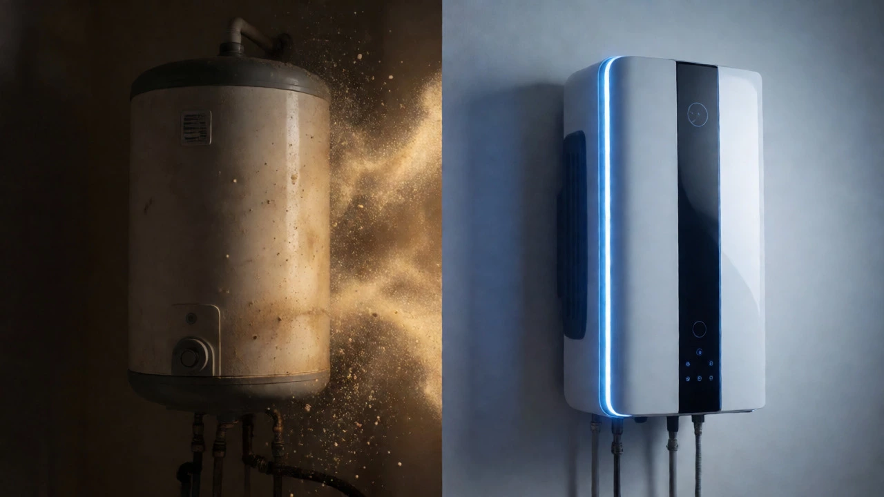 Comparison of old storage tank and new tankless heater