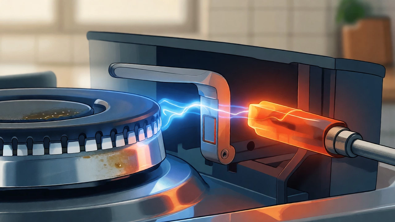 Cutaway view of gas hob ignition system and thermocouple