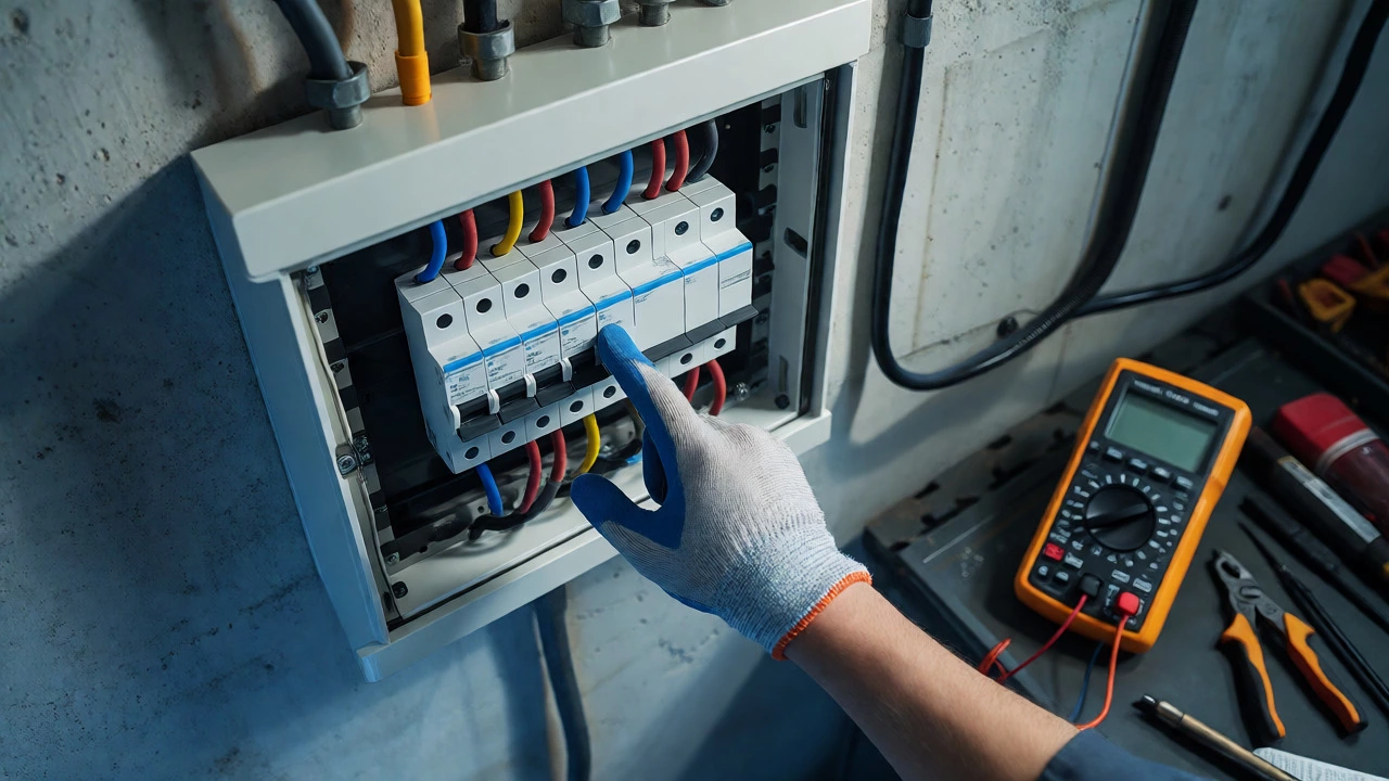 Electrician checking circuit breakers at a home switchboard panel