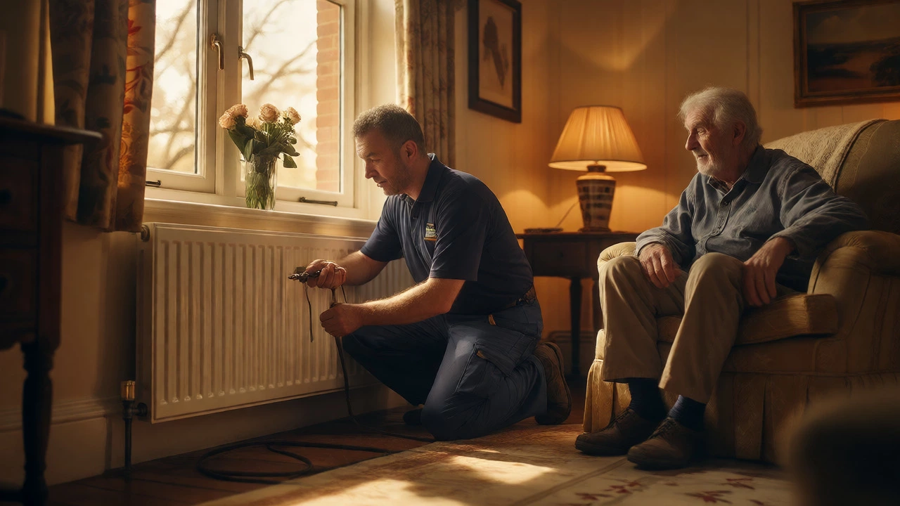 Engineer bleeding a radiator in a warm, sunlit living room.