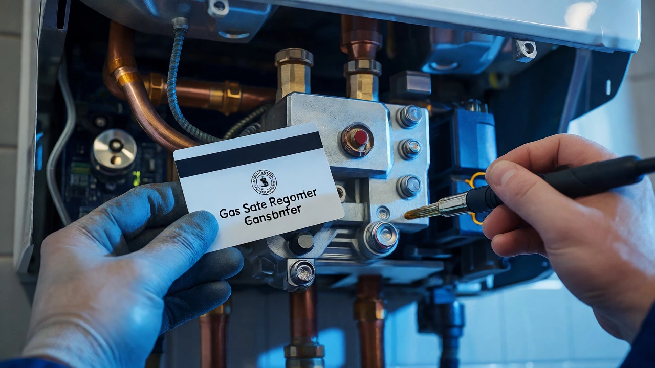 Gas safe registered engineer servicing internal boiler components with ID card