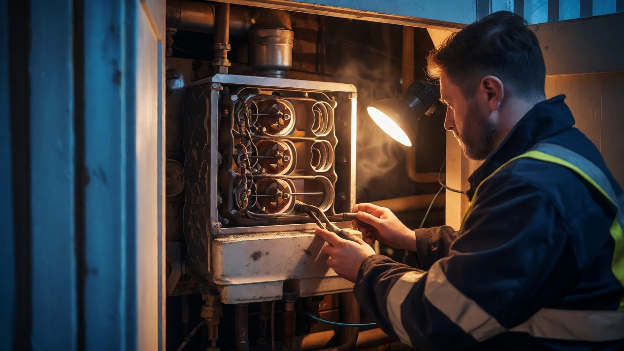 Gasfitter servicing a cast-iron boiler inside a cramped cupboard.