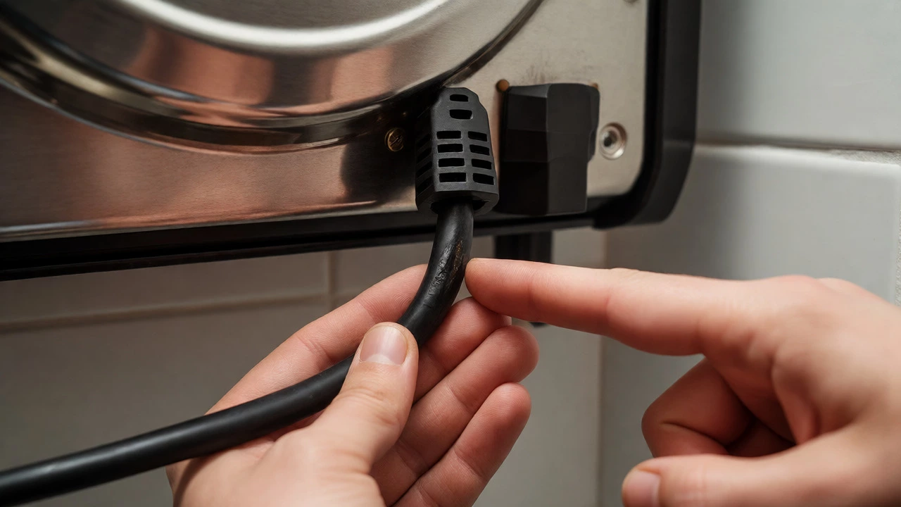 Hands inspecting damaged power cord behind an electric cooker