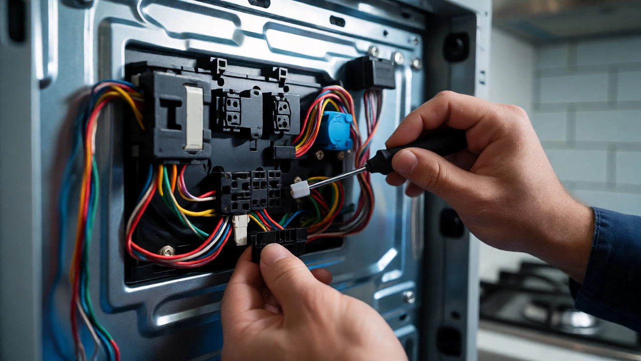 Hands repairing electronic module inside smart refrigerator