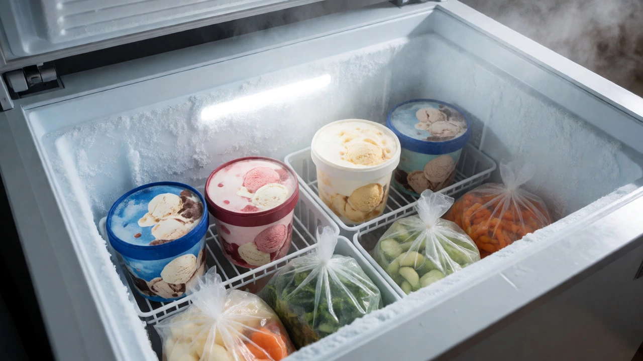 Open chest freezer filled with frozen food items