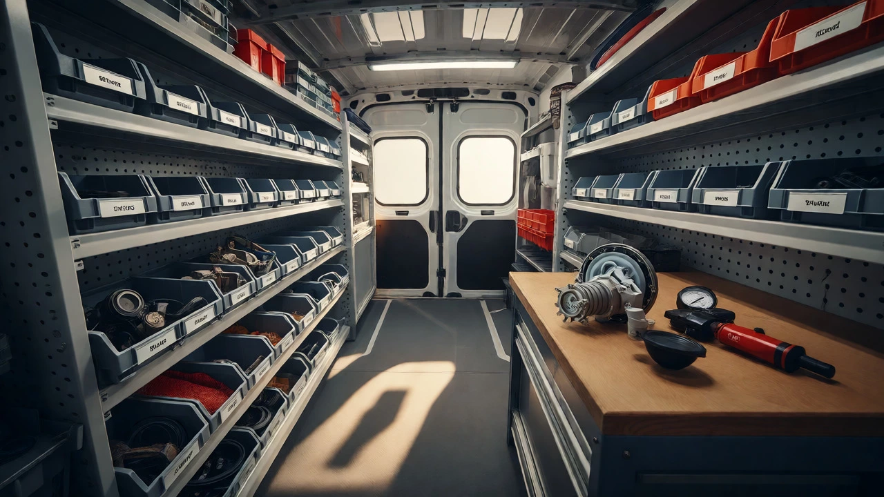 Organized tool van interior with appliance parts and gauges