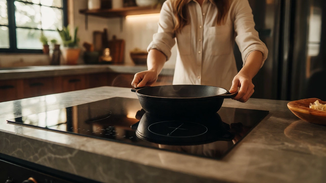 Person lifting a pan off a glass hob to avoid scratching the surface.