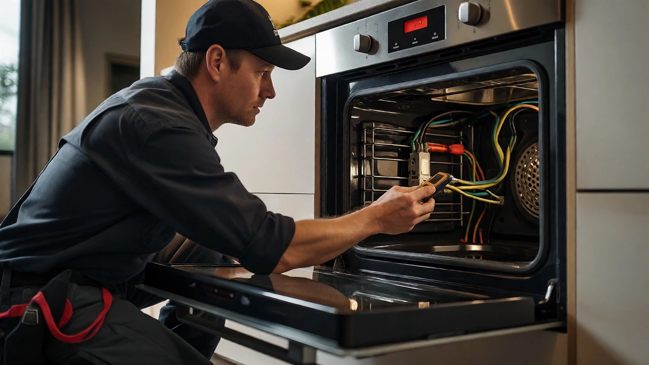 Professional electrician testing electrical connections behind a built-in oven