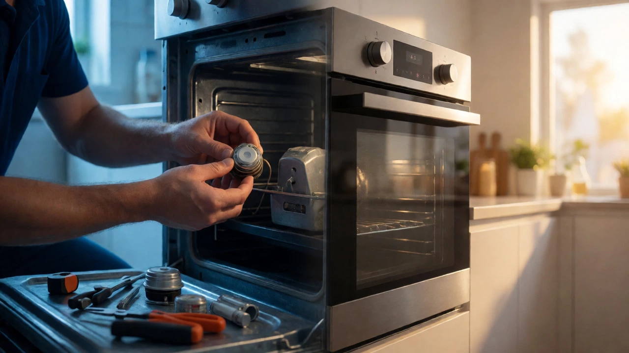 Split view showing oven repair work versus a new appliance installation.