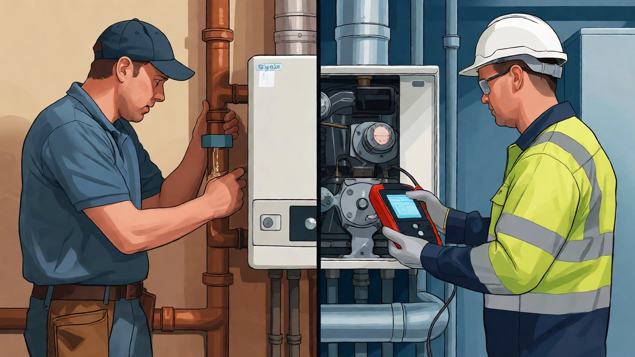 Split view showing plumber fixing pipes and engineer servicing boiler unit