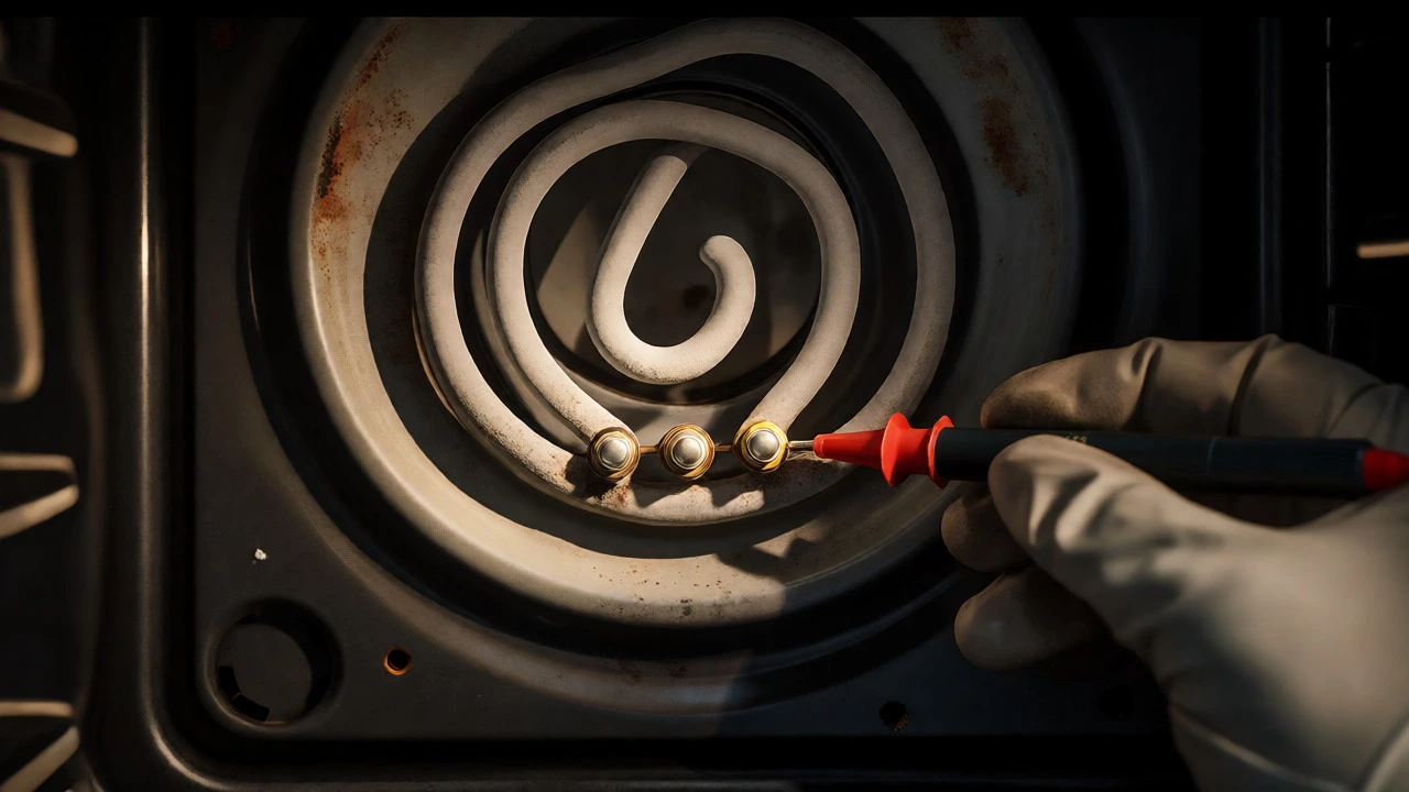 Technician inspecting worn oven heating element with multimeter