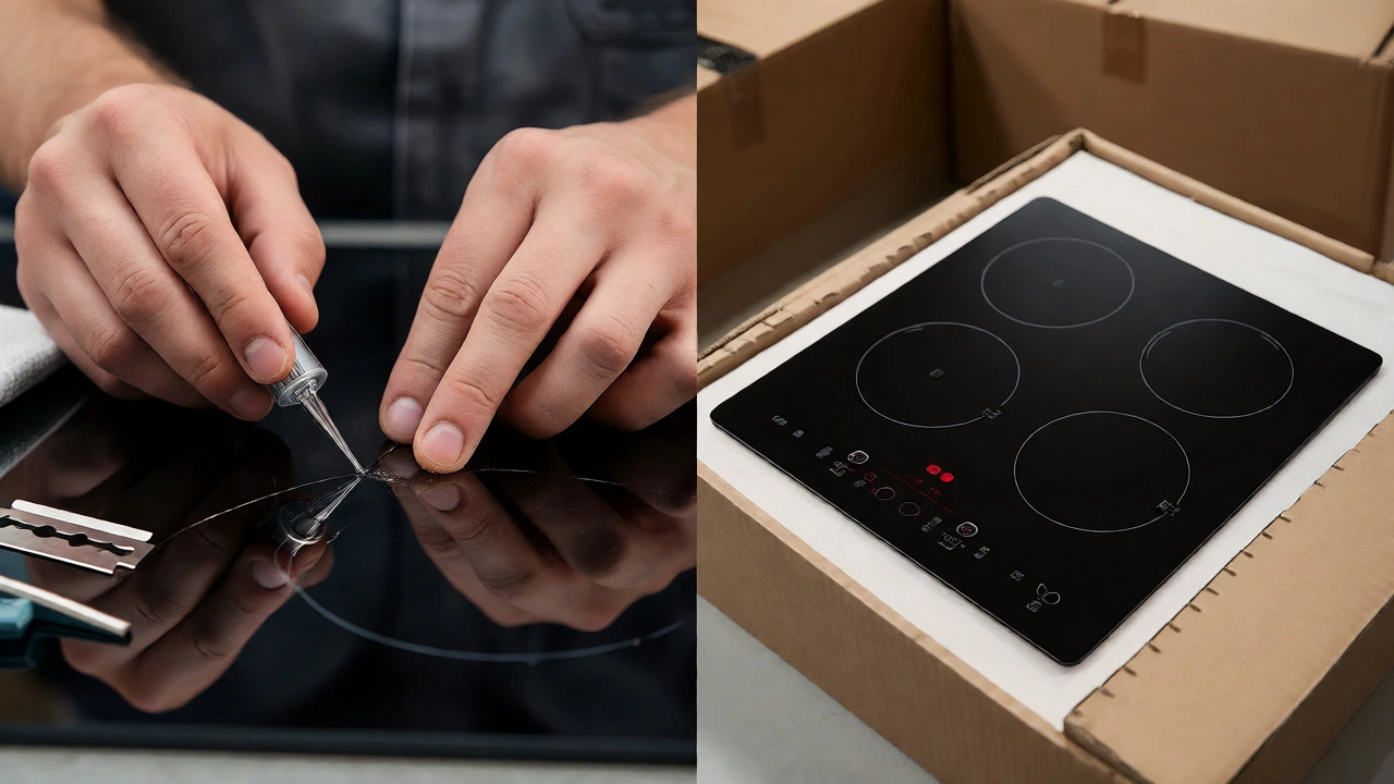 Technician repairing a small crack on a glass hob next to a new replacement unit.