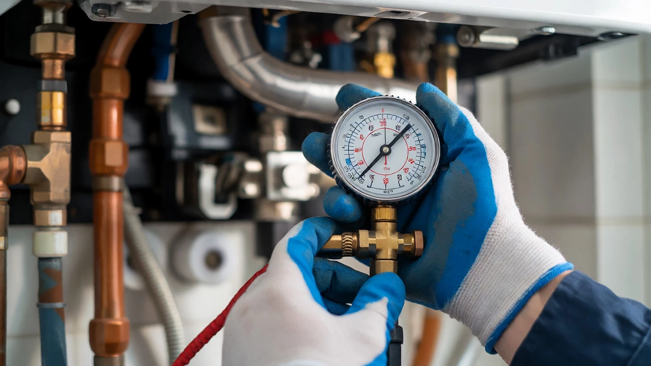 Technician using a manometer to diagnose a gas boiler component.