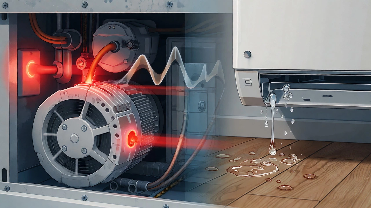 Artistic depiction of heat pump malfunctions including overheating parts and water leaks.
