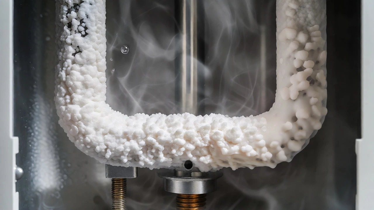 Close-up of a water heater element covered in thick white mineral scale buildup.