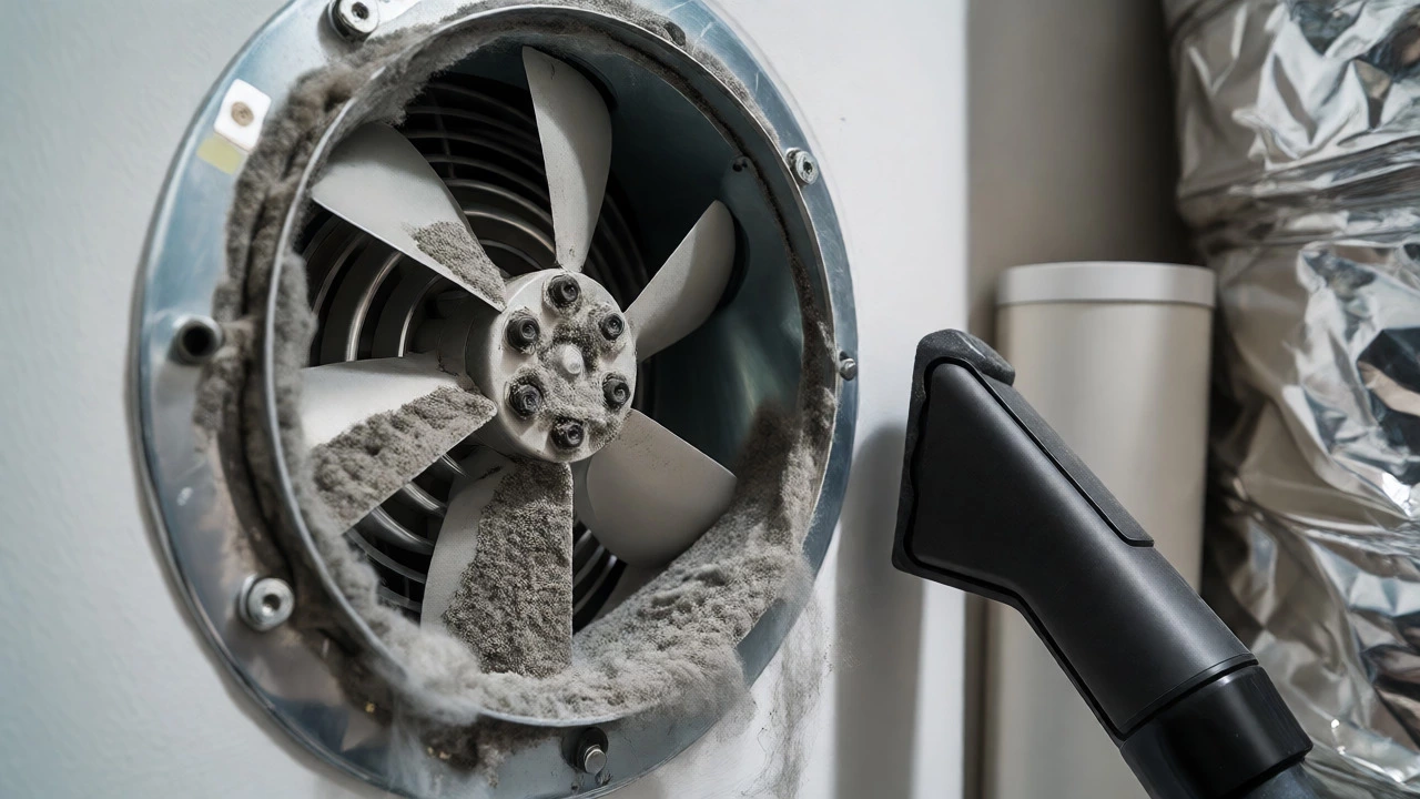 Close up of dusty extractor fan blades being cleaned with vacuum nozzle
