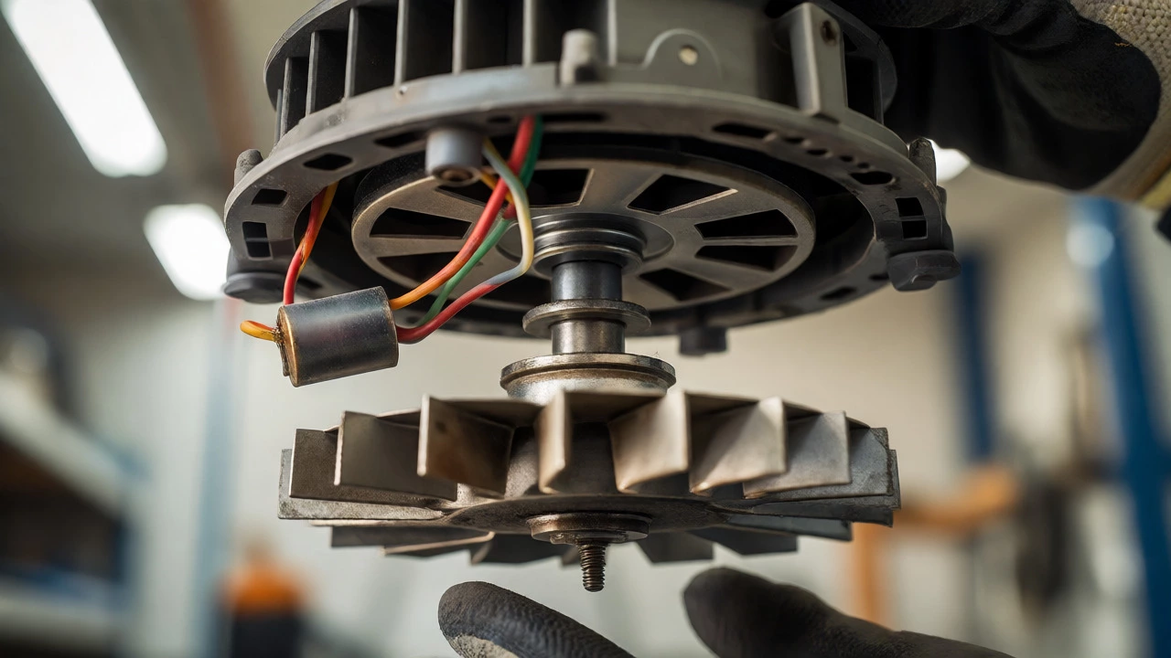 Close-up of extractor fan motor and start capacitor components