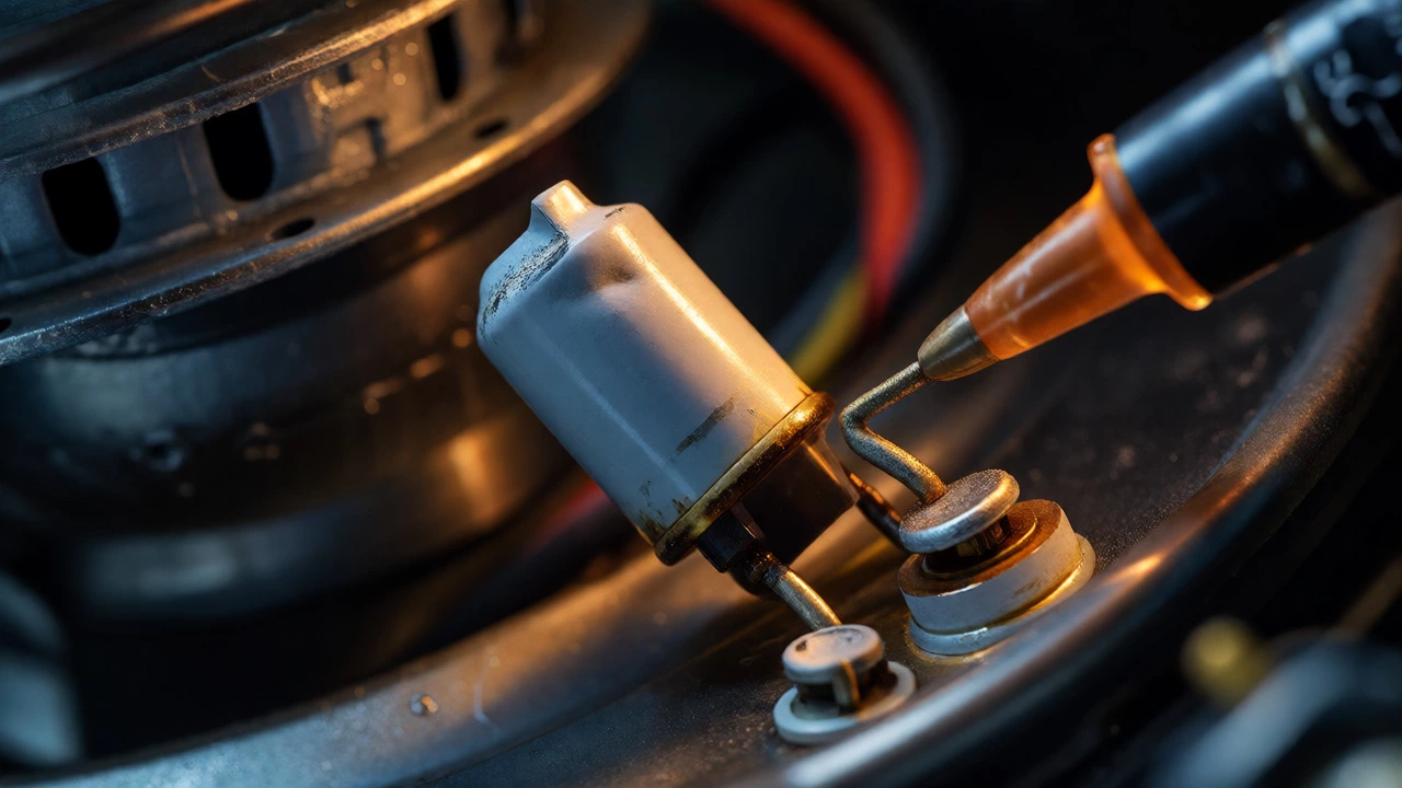 Close-up of faulty capacitor on fan motor