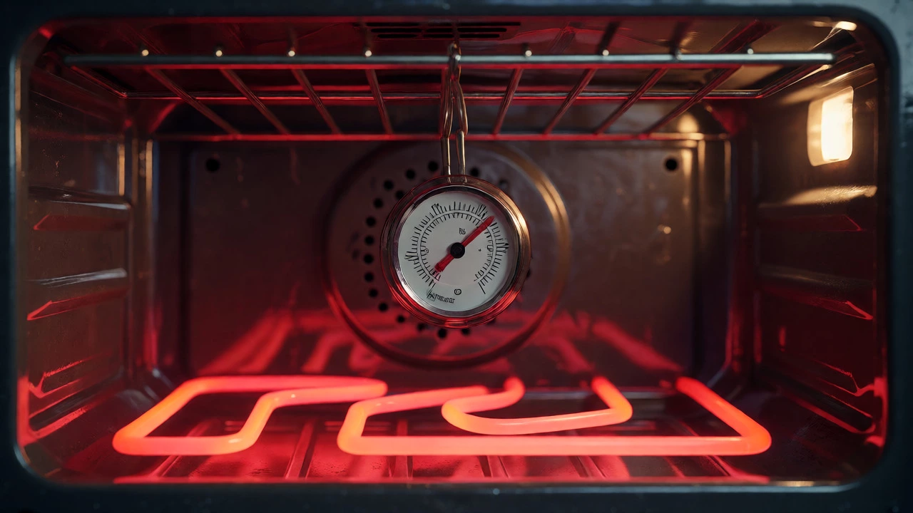 Close-up of glowing oven element and hanging thermometer for testing