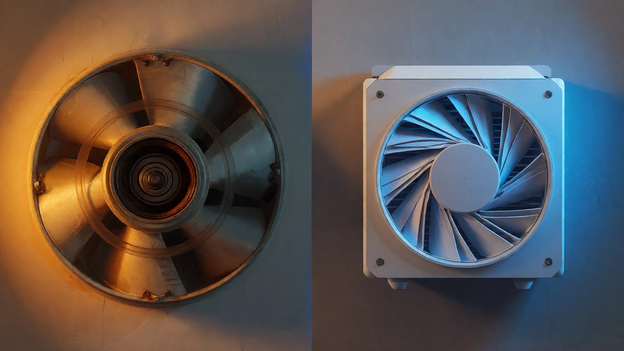 Comparison of old rusty fan versus modern efficient fan unit