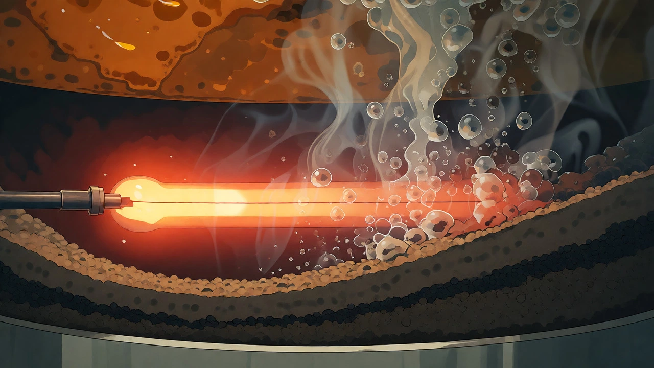 Cross-section of water heater with sediment buildup