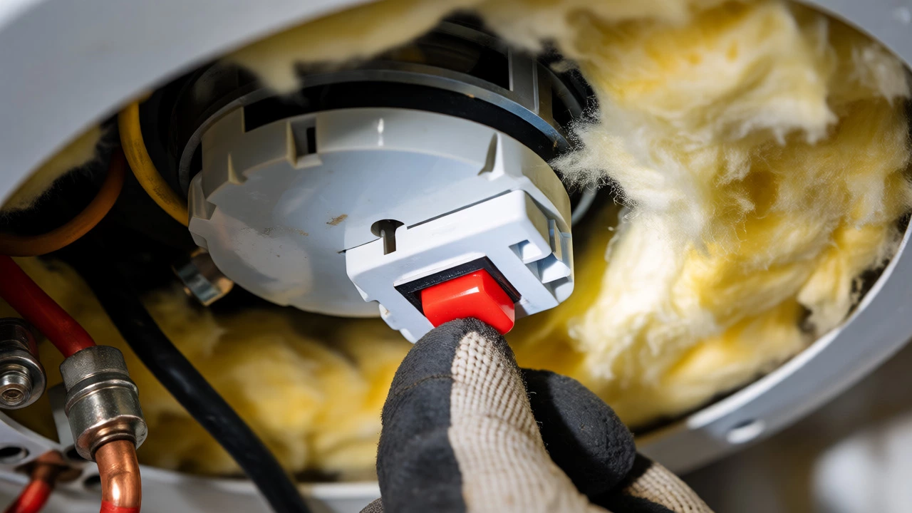Hand pressing the red reset button on an electric water heater thermostat