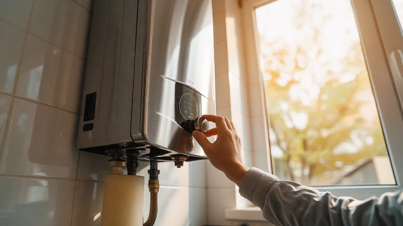 Homeowner adjusting modern gas water heater thermostat