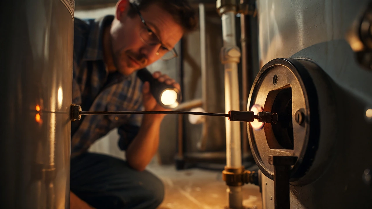 Homeowner inspecting the pilot light and thermocouple on a gas water heater.