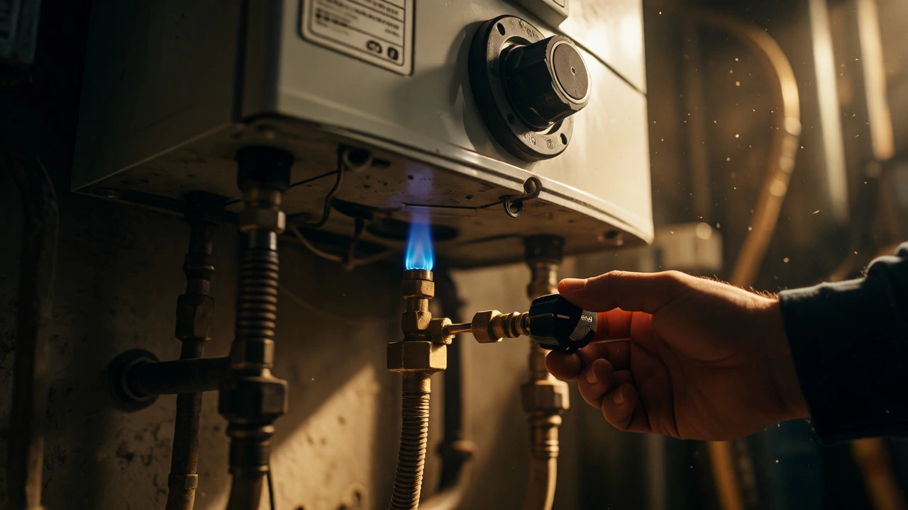 Homeowner relighting the pilot light on a gas water heater control valve