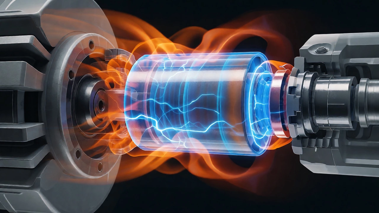 Illustration of glowing capacitor inside motor surrounded by heat indicators