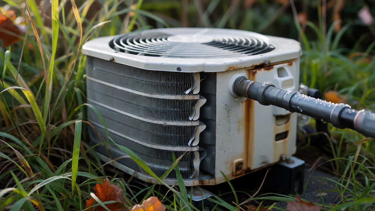 Outdoor heat pump unit surrounded by overgrown grass with bent fins and ice buildup.