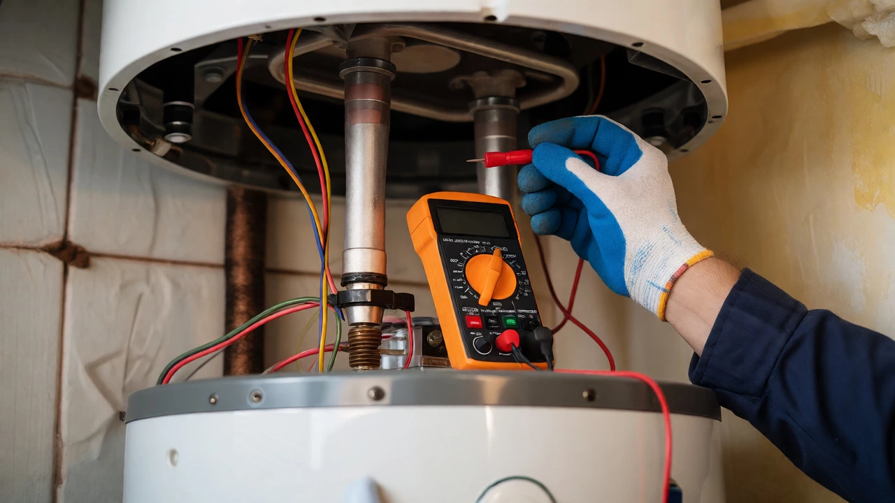 Person testing an electric water heater element with a multimeter