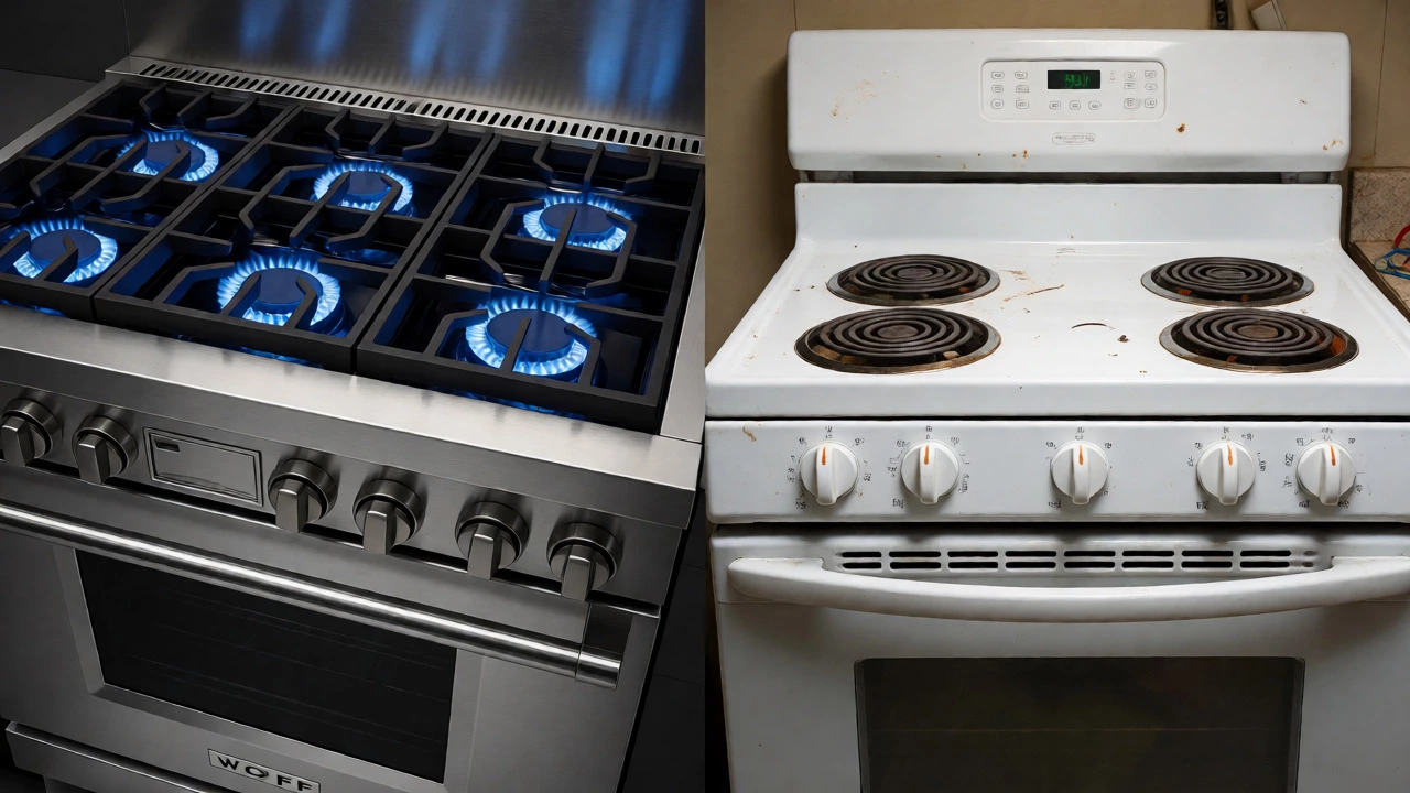 Split view comparing a premium stainless steel range with a rusty budget model.