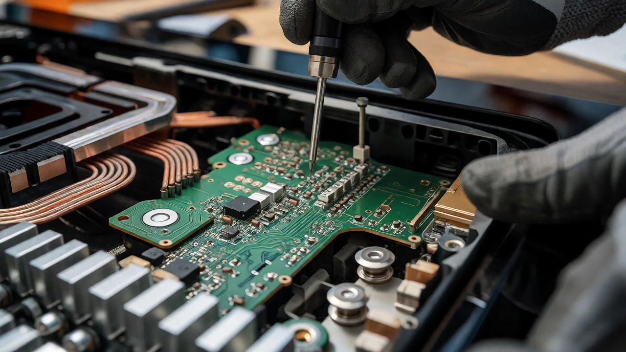 Technician repairing induction hob control board internals