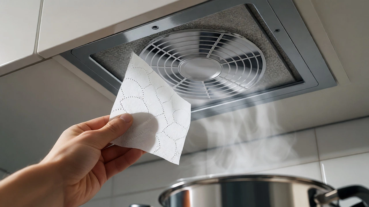 Toilet paper stuck to fan grille showing airflow