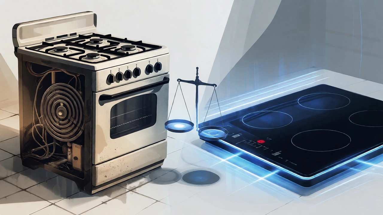 Visual comparison of old gas cooker versus modern induction hob