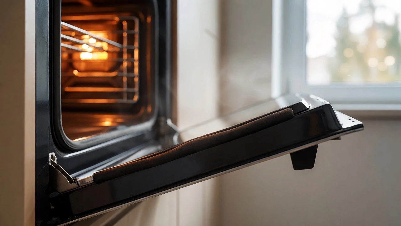 Worn rubber door seal on an open electric oven